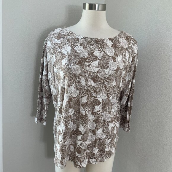 J Jill Womens Large Tan Linen Blend Shirt Seashell Print Top 3/4 Sleeve - Picture 1 of 12